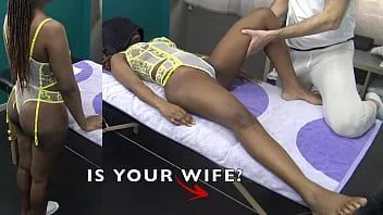 play Is she your wife? old masseur young client in a sexy erotic black massage with lotion